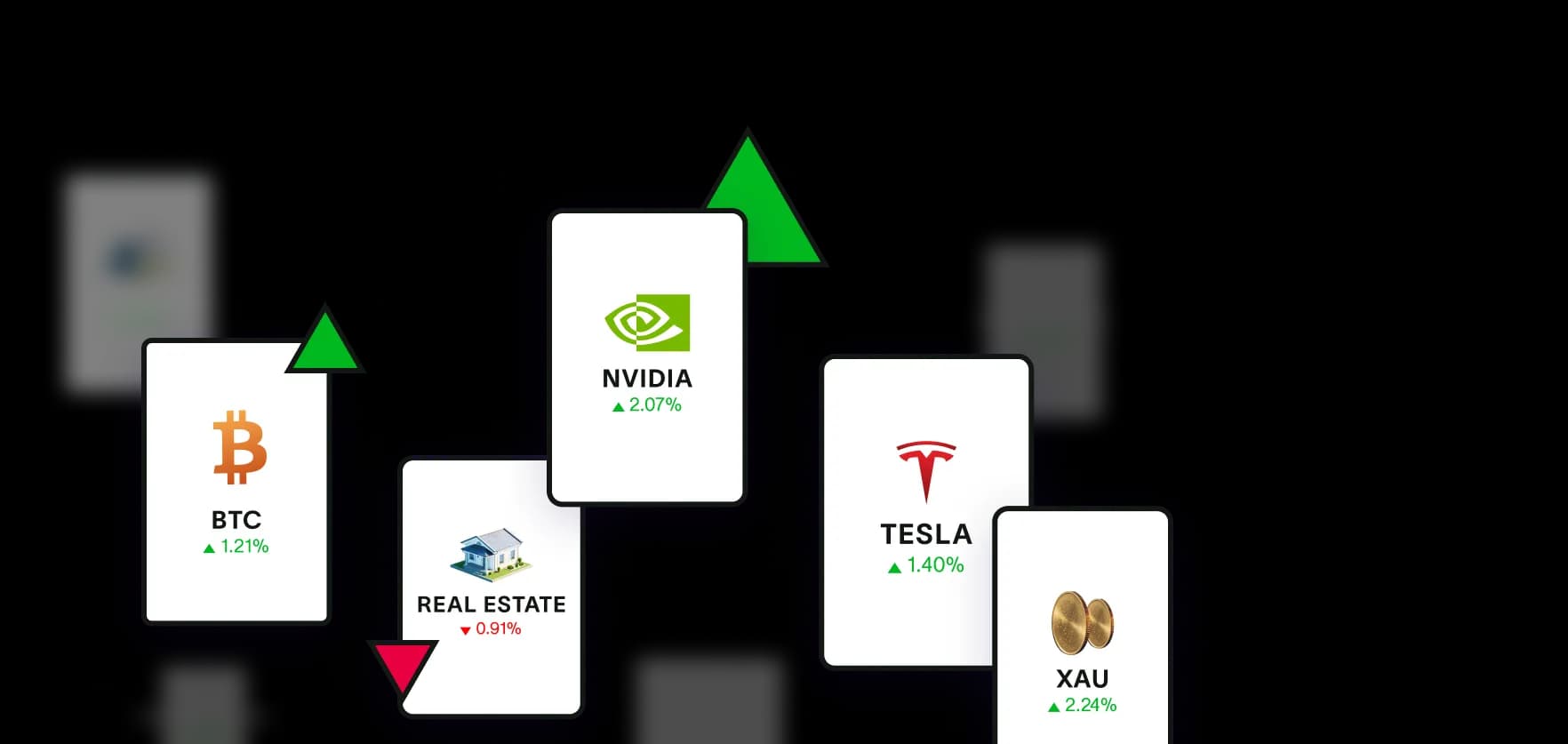 Asset cards showing BTC, NVIDIA, REAL ESTATE, TESLA, and XAU